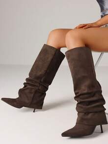 Winter Suede Boots Pleated Fold Over Slouchy Long Boots Stiletto High Heel Thigh High Sexy Luxury Mature Tall Shark Shoes Woman - darkbrownsuede - 查看 1