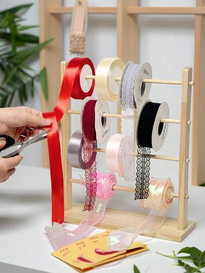 1pc Wooden Ribbon Storage Box With Spool Holder Stand, Desktop Vertical Ribbon Display Rack, Multi-Size Knitting Ball Holder, Craft Jewelry Bead Organizer, Minimalist & Convenient