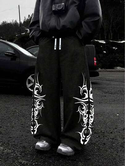 男士加大码灰色阔腿裤，图腾印花休闲运动裤