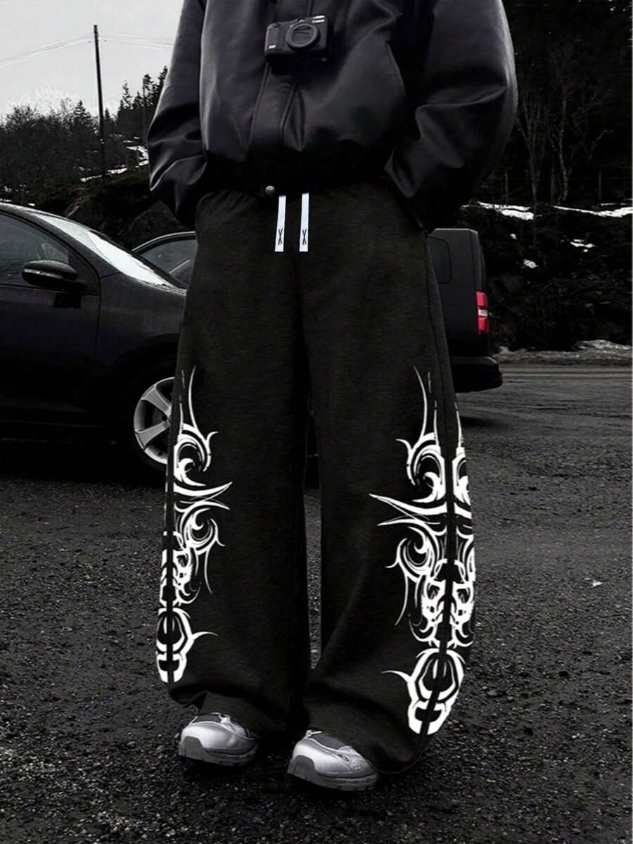 Plus Size Men's Gray Wide Leg Pants, Totem Print Casual Sweatpants - Black - View 1