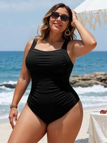 Swim Lushoire Plus Size Women Black Fashion Casual Holiday One-Piece Swimsuit For Summer Beach Vacation - Black - View 1