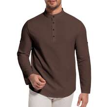男士长袖亨利领衬衫,纽扣前襟,轻盈涤纶面料,条纹格纹设计,休闲舒适,面料柔软,适合日常穿着,时尚透气,是夏季海滩度假的理想之选。袖子可卷起,时尚男装,户外休闲服饰,经典版型,百搭轻便衬衫,男士日常上衣 - 咖啡棕 - 查看 6