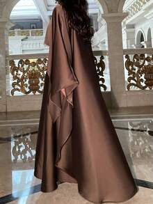 Satin Cape Elegant Dress , Occasion Abaya , Modest Dress With Pearl And Crystal - Brown - View 6
