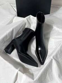 Women's Elastic Fitted Ankle Boots, British Style, Thick Heel, Back Zipper, Fashion Short Boots, Black - Black - View 1