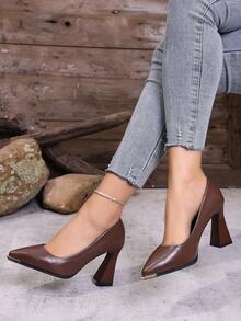 Giày cao gót đế xuồng cổ điển đơn giản, trơn 9cm, mũi nhọn kim loại, đế dày, thanh lịch cho tiệc tùng và công sở, cỡ 35-42, đế cao bất đối xứng và đế xuồng - Màu Đỏ Sâu - Xem 3