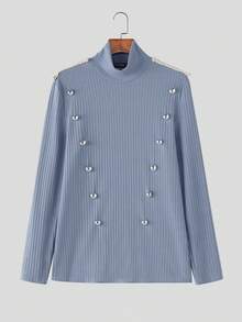 INCERUN Fashion Mens High Neck Long Sleeve Buttons Casual Pullover Shirt Rib Knit Tops - Blue - View 4