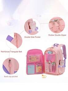 1 Set Cute Rabbit Design Adjustable Strap Lightweight Nylon Student Backpack, Zipper Closure, Girls Backpack, Back To School Gift - Multicolor - View 2