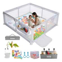 Parque infantil, centro de actividades para niños, barrera plegable y portátil apta para uso en interiores, con base antideslizante. Incluye 50 pelotas + 1 canasta + 2 aros. Construcción resistente con material impermeable. Viene con bolsa de almacenamiento. Dimensiones: 180 x 150 cm. Color: gris.