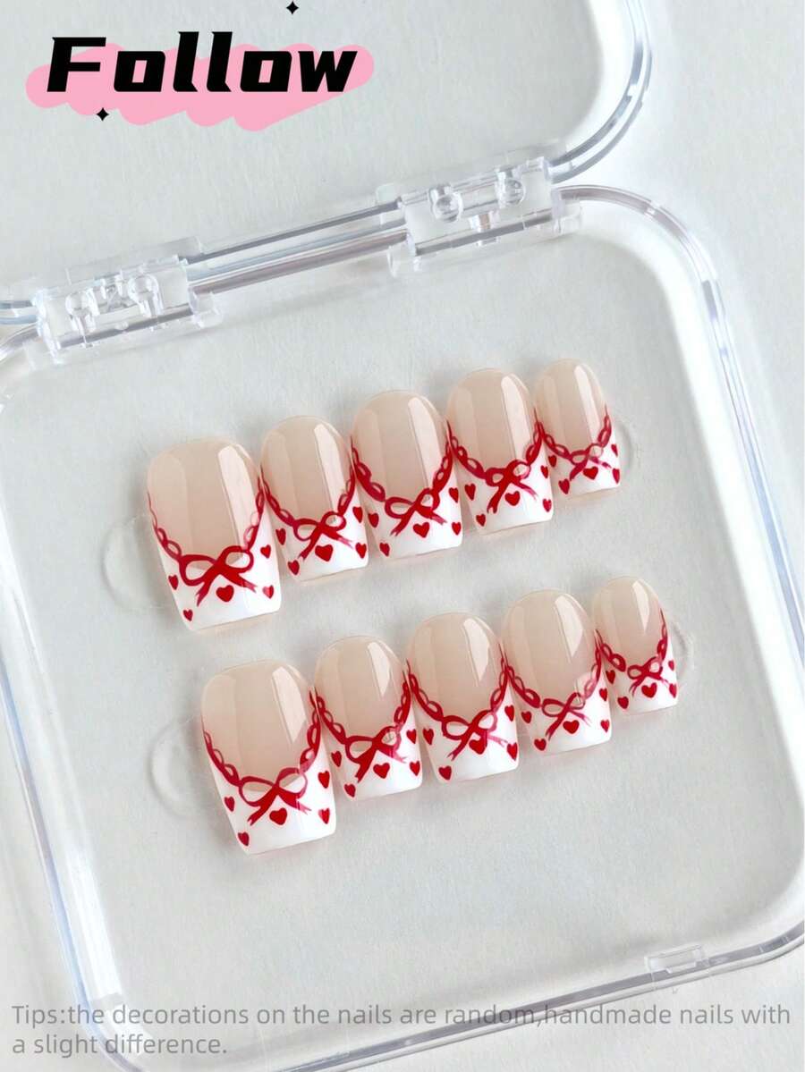 10片方形手工美甲贴纸，中等粘性，法式美甲，红色美甲，白色美甲，爱心美甲，手绘蝴蝶结美甲，蕾丝美甲，甜美风格，圣诞美甲，可爱假指甲，适合女士派对、晚宴和日常佩戴的美甲用品，手工按压式美甲