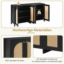 Modern Minimalist Style Sideboard With 4 Rattan Doors, Metal Handle, Simple Buffet Cabinet For Dining Room, Living Room, Kitchen (Natural Wood) - 黑色+中密度纖維板 - 查看 10