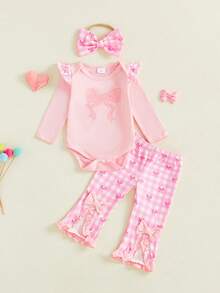 Conjunto de 3 piezas de mameluco de manga larga con estampado de lazo para niña con pantalones acampanados a cuadros y diadema para otoño - Rosa - Ver 2