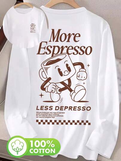 Ropa de mujer, ropa de mujer de otoño, blusas elegantes de mujer, ropa de mujer diaria, estampado de texto "talla grande expreso, menos" y taza de café de dibujos animados, blusas de manga larga, 100% algodón, ropa de mujer de otoño, camisas de manga larga, camisetas de manga larga, blusas negras, telas de algodón puro, divertido y con estilo, cultura del café, amantes del café, patrones de dibujos animados, viajes diarios, ropa casual