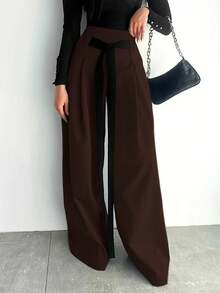 Conjunto de invierno para mujer 2026 nueva llegada, elegante conjunto de 2 piezas para ir al trabajo con blazer corto de corte holgado y diseño retro de moda con cintura con lazo y pantalones de pierna ancha, unicolor - Café integral - Ver 3