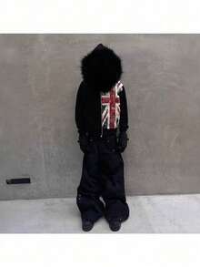 2025 New Fur Collar Printed Zipper Sweater Long Sleeve Pullover Hoodie Retro Jacket Street  Y2k - 黑色 - 查看 2