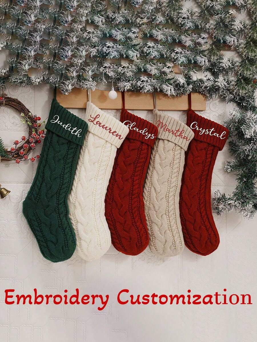 1pc Personalized Embroidered Christmas Stocking, Knitted Family Socks, Christmas Decorative Socks, Essential For Christmas, Personalized Christmas Stockings With Embroidered Names, Personalized Family Christmas Ornaments For Fireplace Decor, Suitable As Christmas Gifts For Family And Friends