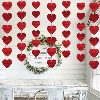 12pcs Valentines Day Heart Banner Red Heart Shape Hanging String Garland Party Decor Valentines Day Decorations For Wedding Anniversary Birthday Home Valentines Party Supplies