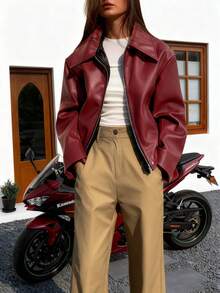 Black Edgy Biker Casual Loose Long Sleeve Leather Jacket For Women, Autumn/Winter Fall Cloth For Women - Đỏ - Xem 5