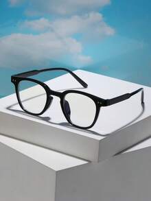 Men & Women's Square Black Plastic Frame Glasses - Fashionable Blue-Light Blocking Plain Lens Eyewear, Suitable For Computer, Gaming, TV & Mobile Daily Use - 黑色 - 查看 2