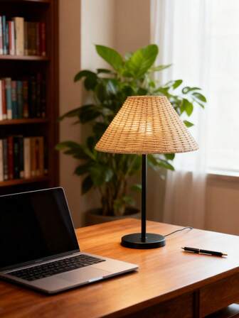 1个USB供电手工藤木台灯，复古风格，适用于床头、餐厅、露营等场所，暖光氛围灯