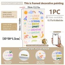 1 tranh vải canvas treo tường kèm khung, dành cho phòng trẻ em, với những câu khẳng định tích cực. Hình minh họa sống động, câu nói "Tôi là...". Thông điệp truyền cảm hứng. Thích hợp trang trí phòng trẻ em, phòng em bé, phòng chăm sóc trẻ em, trường mẫu giáo, phòng bé trai/bé gái, phòng vui chơi. Chống thấm nước. Quà tặng trang trí tiệc. - Nhiều màu - Xem 16