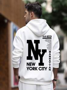 男士休闲纽约缩写印花连帽卫衣，返校季，秋冬季 - 白色 - 查看 2