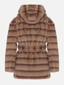 Striped Fuzzy Jacket With Fixed Hood And Waist Belt, Suitable For Winter Wear - Beige - View 7