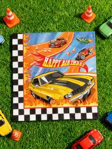 48pcs 13" X 13" Racing Car Theme Disposable Paper Napkins, Black & Orange Base With Racing Car, Flame, And "Happy Birthday" Graphics, Suitable For Birthday Parties, Racing Themed Events - Multicolor - View 4