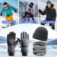 Kit 3pzs Guantes para Frio y Gorro Invierno Bufanda,Diseño de Forro de Felpa,Guantes de Invierno con Pantalla Táctil y Impermeable,para Ciclismo, Running, Esquí, MontañIsmo, Hombre y Mujers - Gris - Ver 4