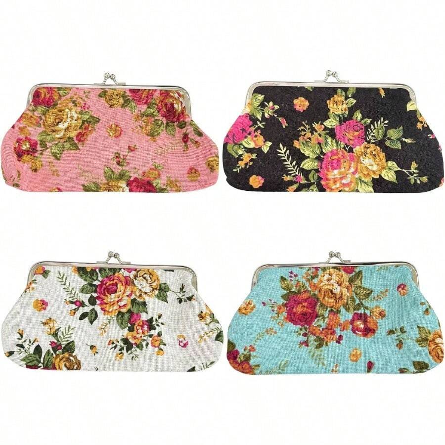 - 4 monederos de lona de estilo largo con cierre para cambio de monedas, bolsa de regalo con cierre de beso, bolsa de cambio, cartera clsico, Negro, rosa, azul, blanco, Vintage - inicial - Ver 1