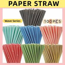100pcs/Pack Wavy Paper Straws - 6*197mm | Multiple Colors Available, Party Decoration, Suitable For Cocktails, Birthday Parties, BBQs, Events And Celebrations - Multicolor - View 1