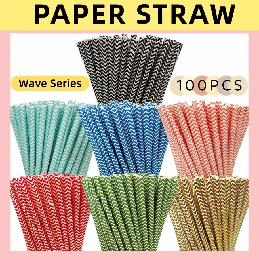 100pcs/Pack Wavy Paper Straws - 6*197mm | Multiple Colors Available, Party Decoration, Suitable For Cocktails, Birthday Parties, BBQs, Events And Celebrations - Multicolor - View 1