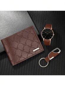 1 件经典咖啡棕色皮革男士手表和 1 件咖啡棕色高端大气钱包和 1 件时尚钥匙扣父亲节礼物 - 咖啡棕 - 查看 5