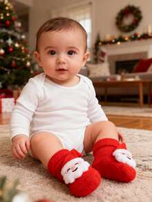 1pair Infant Christmas Red Socks For Newborns And Toddlers Baby Fluffy Ball Thicken Warm Santa Claus Design Anti-Slip Soft Floor Leg Warmers, Adorable Cozy For Babies Indoor, Autumn And Winter Daily Wear & Christmas Party,Christmas Gift Socks - Red - View 12