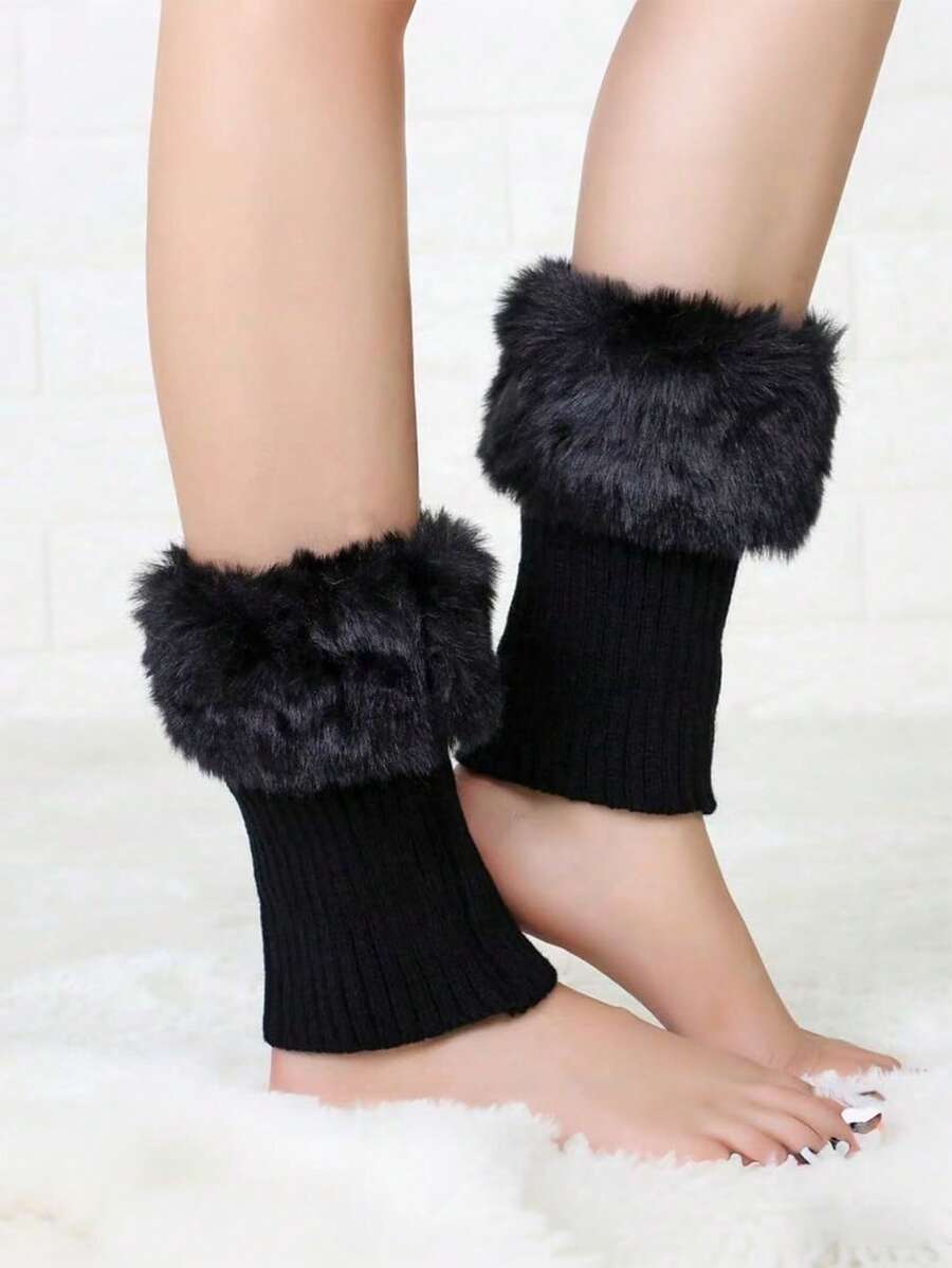 1 Pair Autumn/Winter Fur-Lined Bell-Shaped Ankle Boots, Versatile Thick Fleece Over-The-Ankle Socks, Solid Ribbed Fabric - Multicolor - View 1