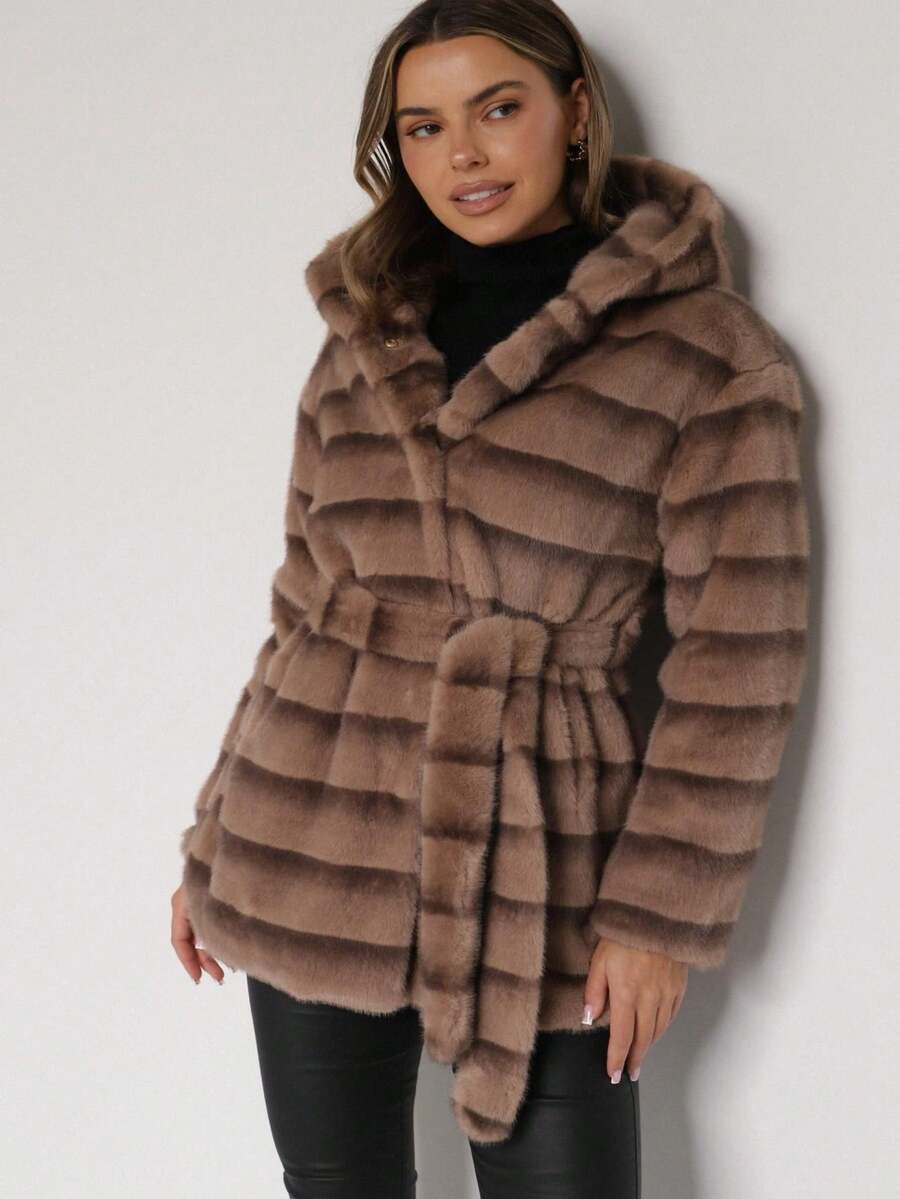 Striped Fuzzy Jacket With Fixed Hood And Waist Belt, Suitable For Winter Wear - Beige - View 1