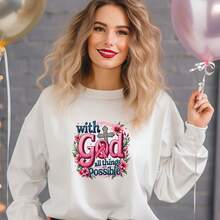 1pc Iron On Heat Tranfers  Inspirational "With God, Anything Is Possible" Pink Floral Heat Transfer Decal - , Washable Plastic Decal For DIY T-Shirts, Hoodies, Jeans, Backpacks, Handbags, Pillow-Cases And Vintage Baseball Caps And Shirt Decals Printed & Shipped In USA - 彩色 - 查看 6