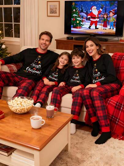 Christmas Pajama Set For Parents And Children - Long-Sleeved Top With Letter And Snowflake Print + Plaid Trousers, Soft Pure Cotton Loungewear, Suitable For A Family Of Four. Homewear Set, Parent-Child Set.