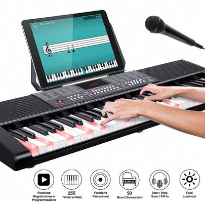Bakaji Tastiera Musicale Pianola Elettronica 61 Tasti Luminosi Pianoforte Multifunzione con 255 Ritmi 50 Brani Preimpostati Funzione Percussione Ingresso AUX Leggio Porta Spartito/Tablet e Microfono