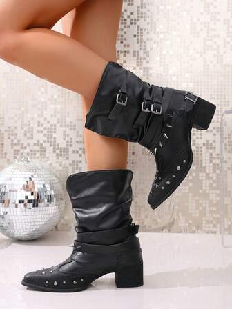 2025 Nya Svarta Spetsig Tå Tjock Klack Nitad Korta Stövlar, Ridstövlar Som Går Över Knä För Dam, Vår/Höst