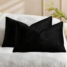 1/2 Pcs Plush Plush Decorative Throw Pillow Cover, Geometric Quilted Cushion Cover, Fluffy Soft Solid Color Rectangular Pillow Sham - Black - View 11