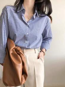 Women's Long Sleeve Blue And White Vertical Striped Shirt, Suitable For Work And Commute