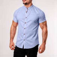 Men's Linen Mandarin Collar Shirt - Lilac Purple - View 2