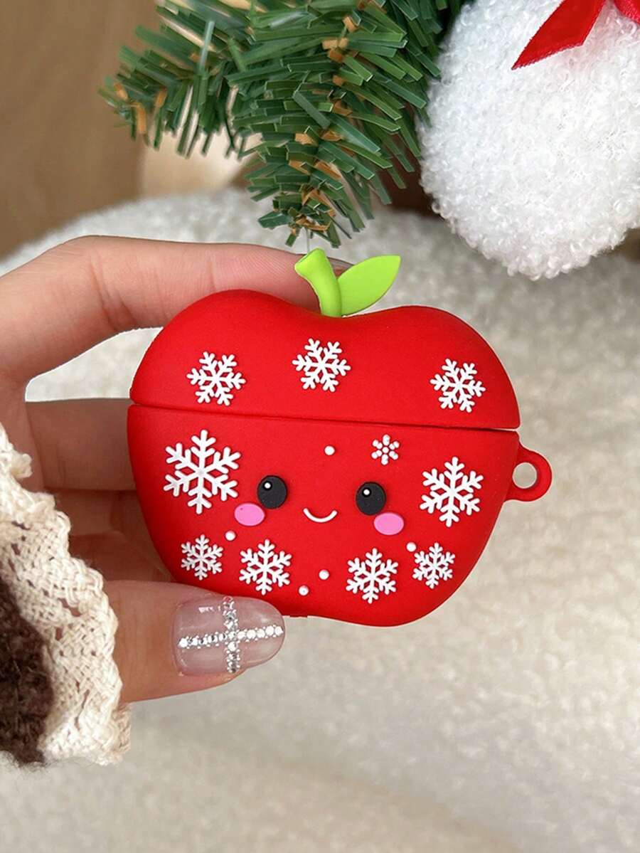 1个3D雪花红色苹果蓝牙无线耳机保护套，兼容苹果1/2代、3代/Pro、第二/三代、第四代主动降噪软硅胶保护套（不含耳机）