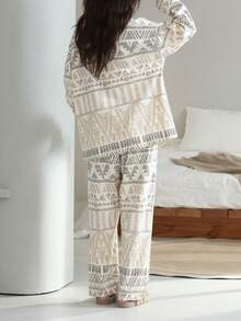 2pcs Women Ditsy Floral Long Sleeve Cardigan And Pants Pajama Set, Suitable For Spring, Autumn And Winter - Apricot - View 2