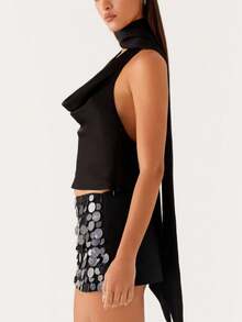 Women's Elegant Backless Halter Crop Vest Tops With Scarf Summer Solid Color Sleeveless Cami Tank Top Y2k Cowl Neck Open Back Camisole Party Club Beach Going Out Top - 黑色 - 查看 6