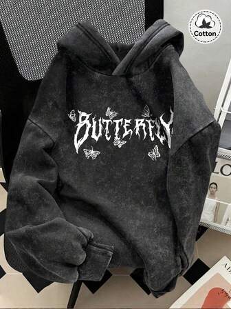 Men's Autumn And Winter Street Pattern Hooded Sweatshirt Top, Slightly Stretchy And Fit, Washed And Distressed, Plush And Cotton Black Pullover Long-Sleeved Sweatshirt, Casual Daily Back-To-School Season Hoodie Top