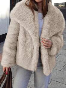 Women's Faux Fur Coat Winter Warm Oversized Lapel Shaggy Fuzzy Casual Jacket Outerwear - Màu Khaki - Xem 3