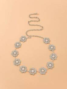 1pc Women's Metal Multicolor Faux Pearl Rhinestone Floral Classic Waist Dress Belt, Suitable For Summer Outdoor Wear, Great Christmas Gift For Friends Summer, School Fall, Autumn, Halloween - Bạc - Xem 3