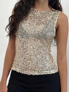 Women's Sequin Tank Tops Slim Fit Sheer See Through Stylish Solid Casual Sleeveless Vest For Summer  Spring - 黑色和金色 - 查看 1