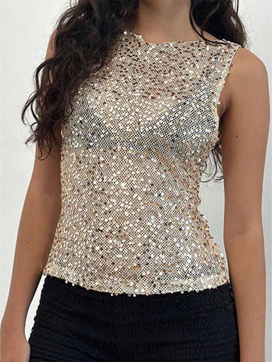 Camiseta de tirantes con lentejuelas para mujer, ajustada, transparente, con estilo, de color liso, sin mangas, para verano y primavera - Negro y oro - Ver 1